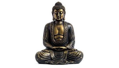 Obraz premium A bronze-toned sculpture of a seated figure with hands in a meditative pose. The figure has a serene expression