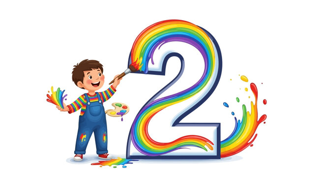 Cartoon boy painting large number two.