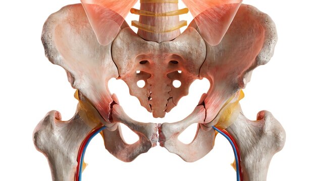 3D medical illustration of a human pelvis in anterior view, highlighting a fracture in the iliac wing or pubic ramus. Features a red trauma zone and translucent soft tissues on a white background.