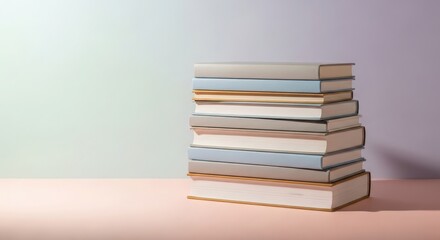 Fototapeta premium Stack of hardcover books in muted pastel colors on a pink surface against a gradient background image