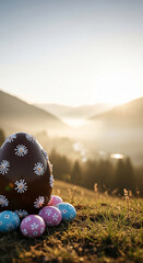 Fototapeta premium Close-up of painted Easter egg with floral decoration on grass against a hill landscape, symbolizing springtime festivity and a nature rebirth
