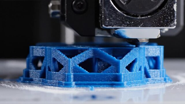 Close-up of a 3D printer extruding blue plastic filament to build a geometric object layer by layer