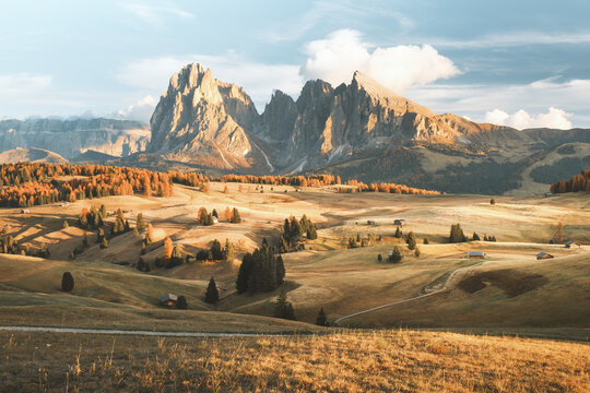 View of golden fields stretch towards jagged, sunlit peaks under a serene sky, a landscape painted in autumnal hues, Alpe di Siusi, Trentino-Alto Adige, Italy.