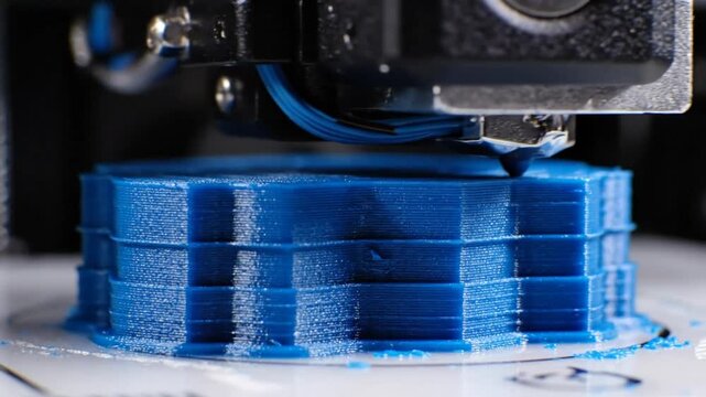 Close up view of a blue 3D printer building an object layer by layer, technology concept