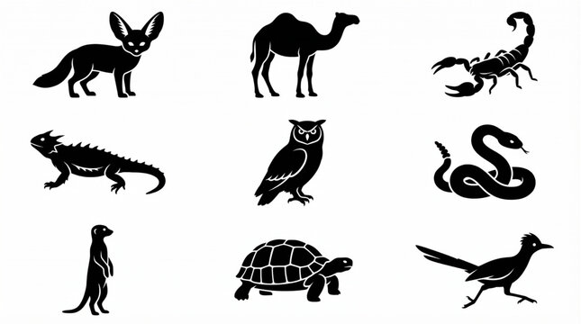 Collection of desert animals and insects depicted as black silhouettes on a white background