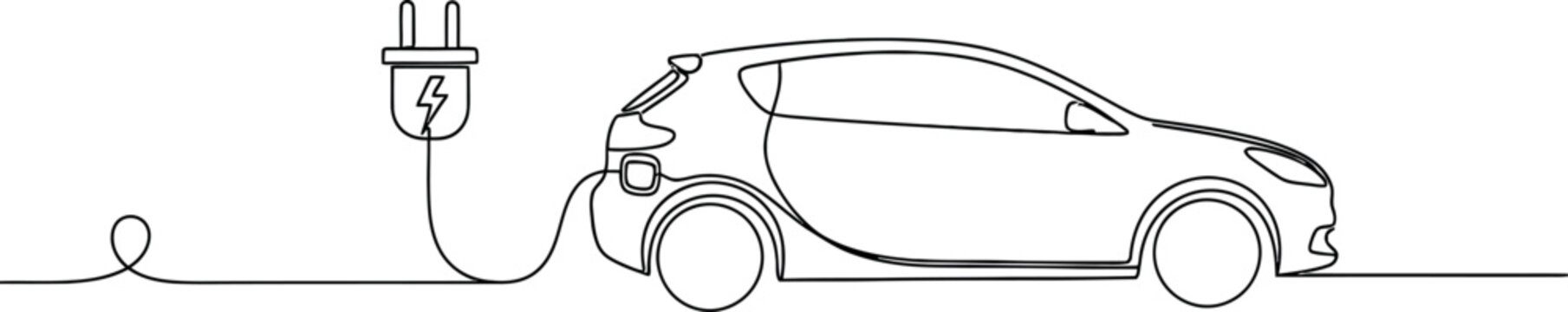 Continuous One Line Drawing of Electric Car Charging with Power Plug Vector Illustration