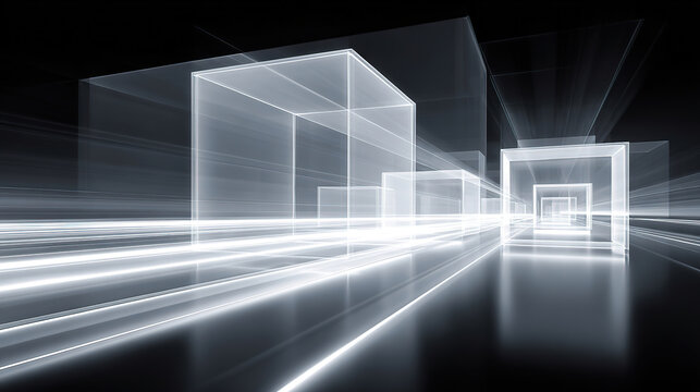 Illustration of a virtual space against a black background with white glowing grid lines.