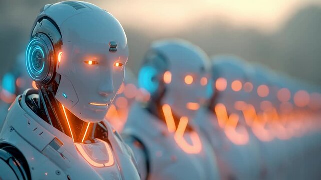 Advanced Synthetic Beings: A mesmerizing visual of humanoid robots lined up in a row, embodying futuristic technology, innovation, and artificial intelligence.