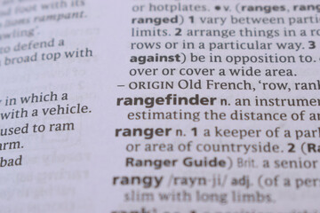 Fototapeta premium English Dictionary Book Page Close Up With The Word Transcription Of -rangefinder