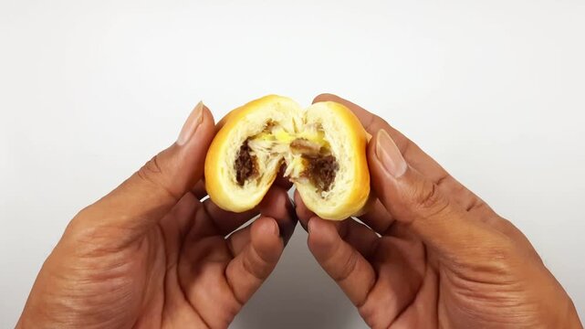 Hands slowly pull apart a small baked pastry revealing the warm gooey sweet filling inside in this close-up motion video clip.