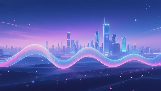 Futuristic cityscape with glowing skyscrapers and a neon wave under a starry night sky