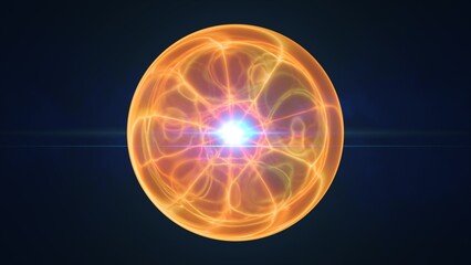 Radiant yellow energy sphere with soft plasma lines and bright central light burst on dark background