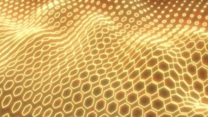 Radiant golden hexagonal light wave with a glowing futuristic mesh, symbolizing energy, innovation, and high technology