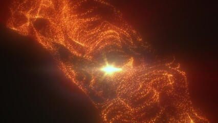 A striking abstract visual of flowing orange and red particles forming a fiery energetic pattern illuminating a dark background with warmth and intensity, video in high quality 4k, motion design © Bolbik