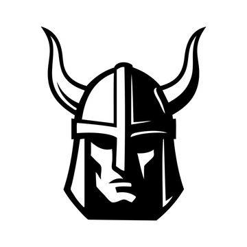 Logo vikingo n&oacute;rdico. Icono con guerrero n&oacute;rdico con casco b&aacute;rbaro con cuernos