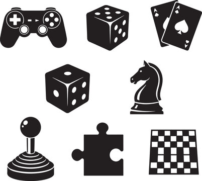 Collection of black game including controller dice cards chess knight joystick puzzle and checkerboard