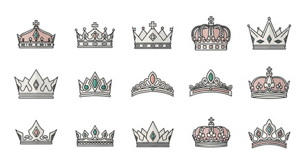 Collection of ornate crowns and tiaras displayed on a white background. © Jahit