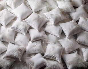 Fototapeta premium lots of white pillows background with chaotically scattered feather pillows