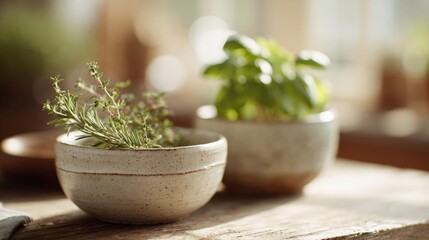 Two small ceramic bowls on a wooden table. the bowls are light brown in color and have a speckled texture.