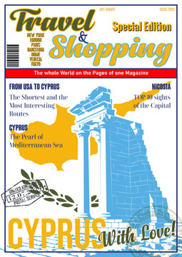 Travel and Shopping Magazine Fake Cover. Cyprus with Love. Cyprian Attraction Ancient Amphitheater Ruins Panorama Illustration. Cyprian Flag, Vector Template for Travel Illustrations, Posters, Covers