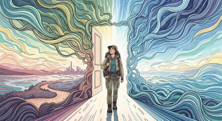 A traveler stands between two worlds, a doorway to new realities. © Hudah