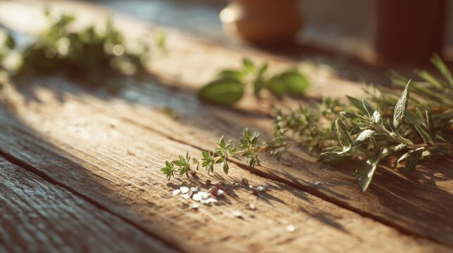 Close-up of a wooden table with a bunch of fresh herbs on it. the herbs are green and appear to be thyme or rosemary.