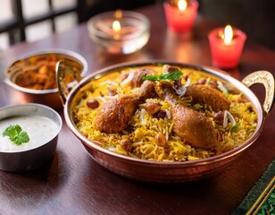 traditional chicken biryani served in copper bowl with side dishes and candlelight