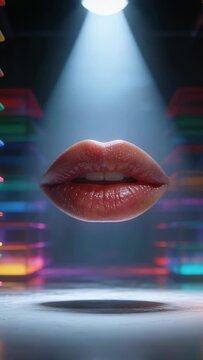 Floating glossy lips moving under overhead light on shiny floor, with neon bars and circular shadow