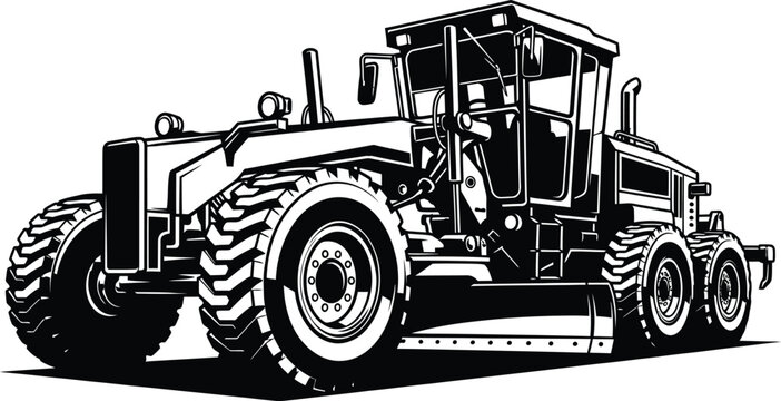 Heavy road grader illustration shows large construction vehicle for leveling earth surfaces.