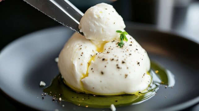 a perfect ball of homemade burrata being cut open with a sharp knife
