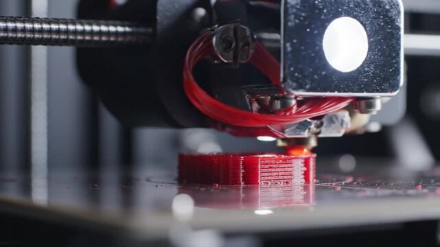 Close up view of 3D printer nozzle extruding red plastic filament building layered object