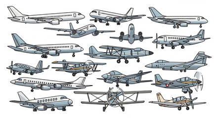 Diverse Collection of Vintage Airplane Illustrations in Detailed Line Art. © Hudah