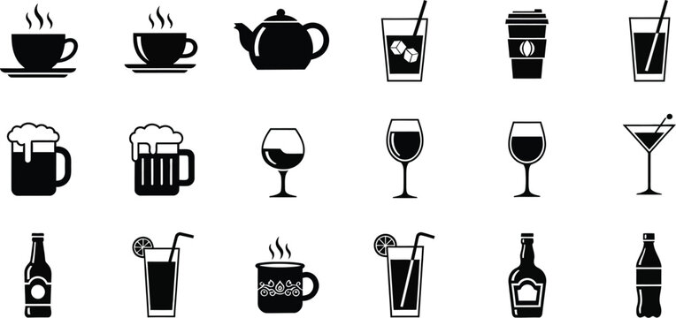 Assorted black silhouette icons representing various alcoholic and non-alcoholic beverages include beer mugs, wine glasses,.