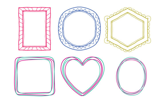 Doodle frames set, hand drawn geometric colorful border collection.   Colorful wavy lines and curly borders for cards, posters, covers, banners or branding.