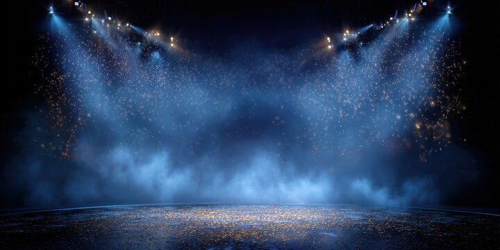 The Stage Bathed in Blue Spotlights with Fog and Golden Sparkling Particles