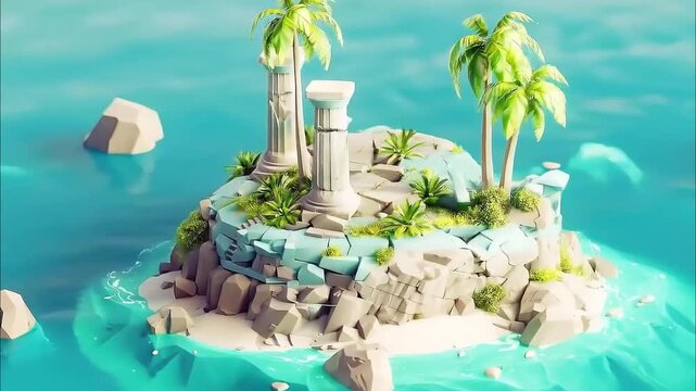 ruins of a monument on an island in 3D isometric low poly clay style 4K Videos