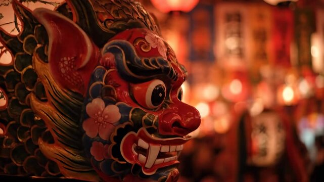 Intricate Dragon Mask in Festive Setting with Lanterns.