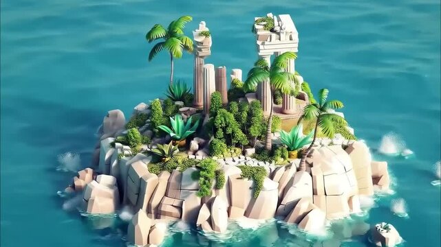 ruins of a monument on an island in 3D isometric low poly clay style 4K Videos