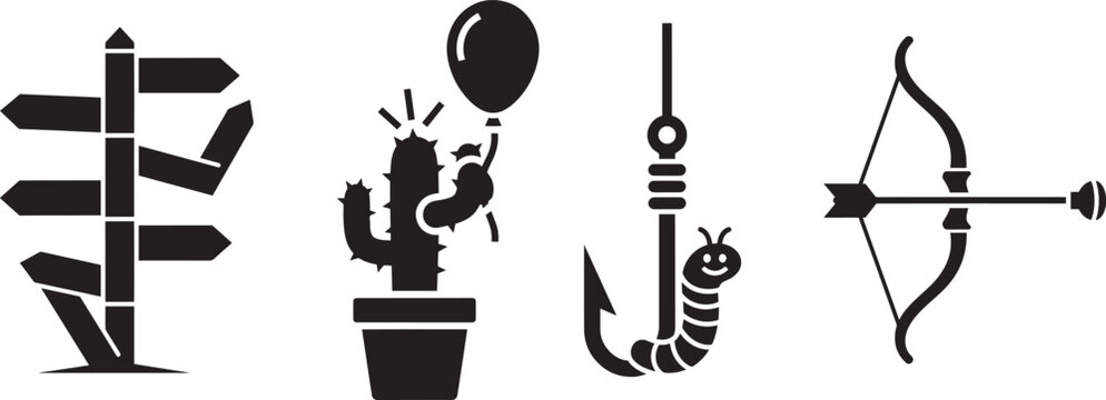 Minimalist black silhouette icon collection featuring road signs cactus with balloon fishing hook with worm and bow with arrow on transparent background
