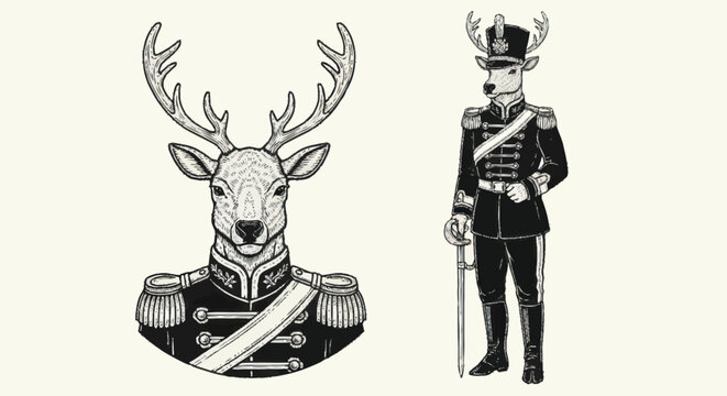 Elegant Deer Dressed in Military Uniform Standing Tall.