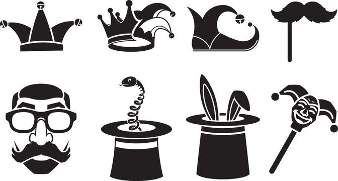 April fools day funny costumes flat vector icons set. jester hats, crown, mustache, glasses, fake nose, top hat and snake