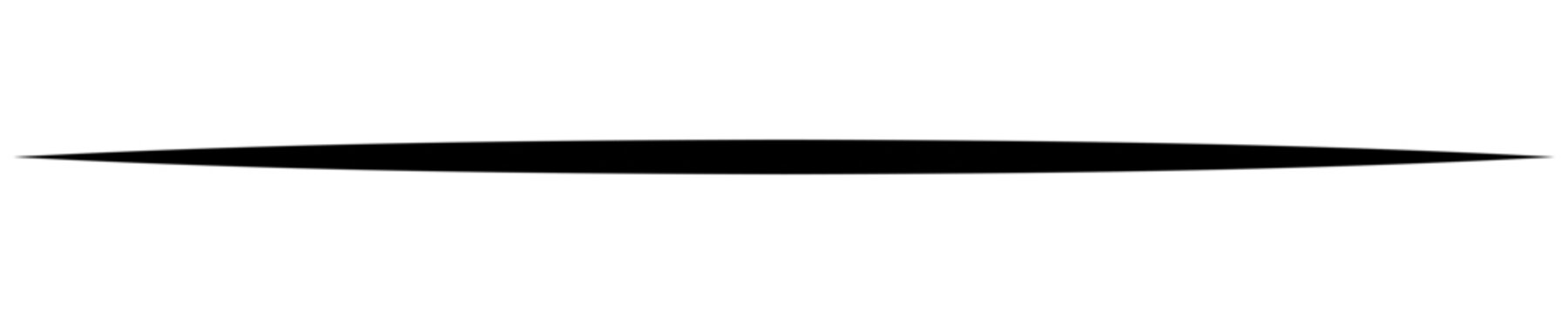 Black horizontal line tapering at both ends. A straight stroke on a white background, thickest in the middle and sharp on the sides. Vector illustration.