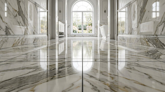 Luxurious spa-style bathroom with marble floors and large windows