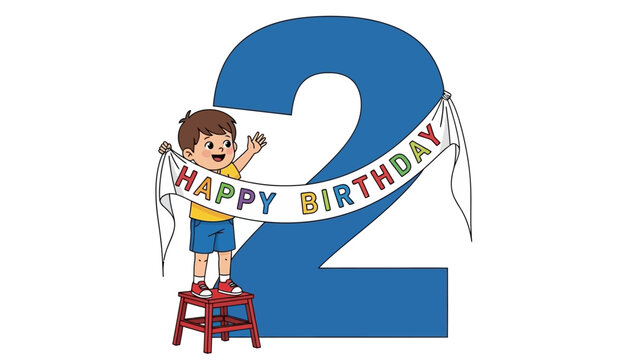 Child holding Happy Birthday banner on large number 2.
