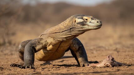 Fototapeta premium Komodo Dragon Hunting in Dry Desert Landscape, Massive Ancient Reptile Predator Capturing Prey in Wild Natural Habitat with Powerful Stance and Rugged Terrain