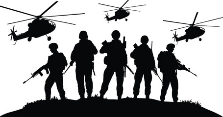 Military soldiers silhouettes with rifles and helicopters army combat team vector illustration isolated on white background defense concept © Creatives World
