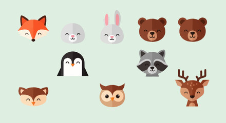 Fototapeta premium Collection of Cute Cartoon Animal Faces for Design.