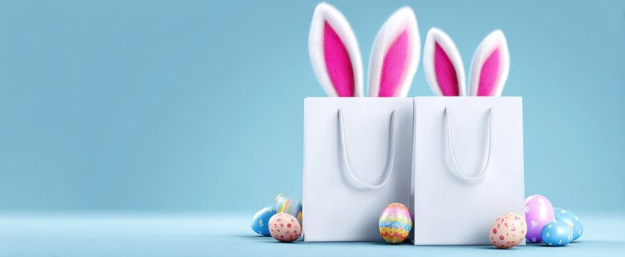 The Bunny Themed Shopping Bags with Colorful Easter Eggs on Pastel Blue Background
