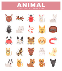 Fototapeta premium Flat vector animal icon collection on white background.