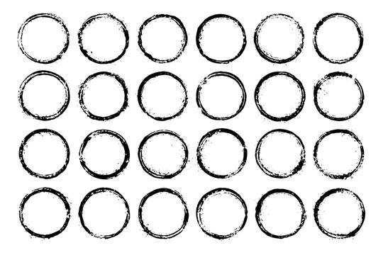 Set of grunge circle stamps with distressed texture on white background.